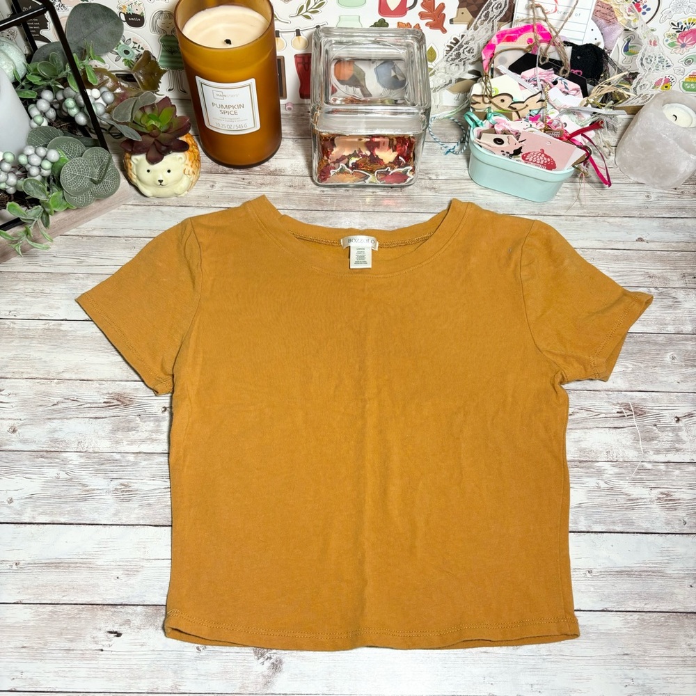 Bozzolo Mustard Yellow Short Sleeve Crop Top Tee Women’s Sz.L Fall Casual Autumn